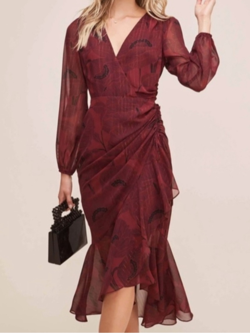 Astr Burgundy Metallic Sheer Sleeve Ruched Midi Dress Womens XS